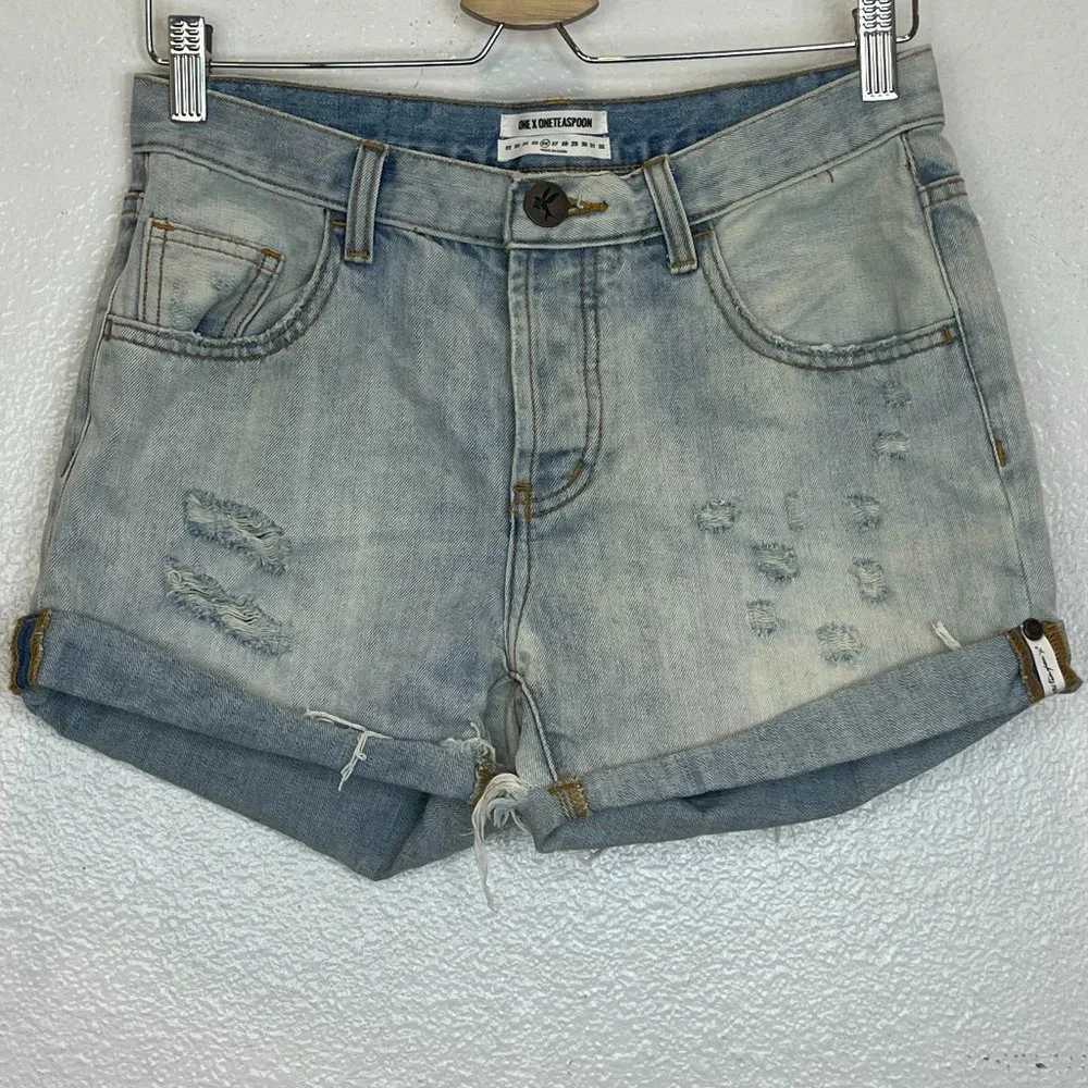 One X One Teaspoon Florence Chargers‎ Long Line Distressed Jean Shorts Sz 26